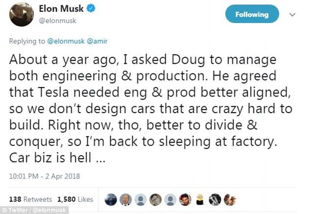 Elon Musk says he is back to sleeping on Tesla factory floor to oversee  Model 3 'production hell' | Daily Mail Online