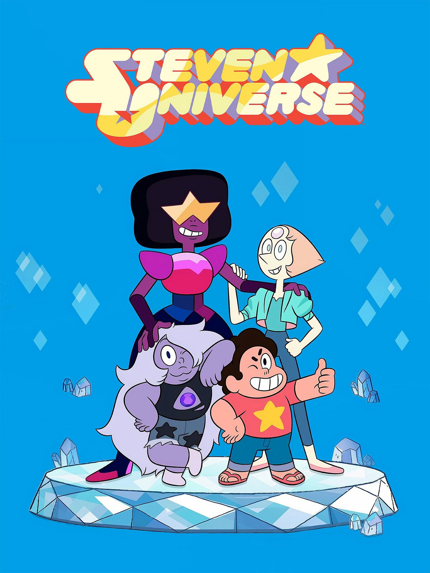 Image from Steven Universe, showing the four main characters, three of which are humanoid women, one of which is a boy