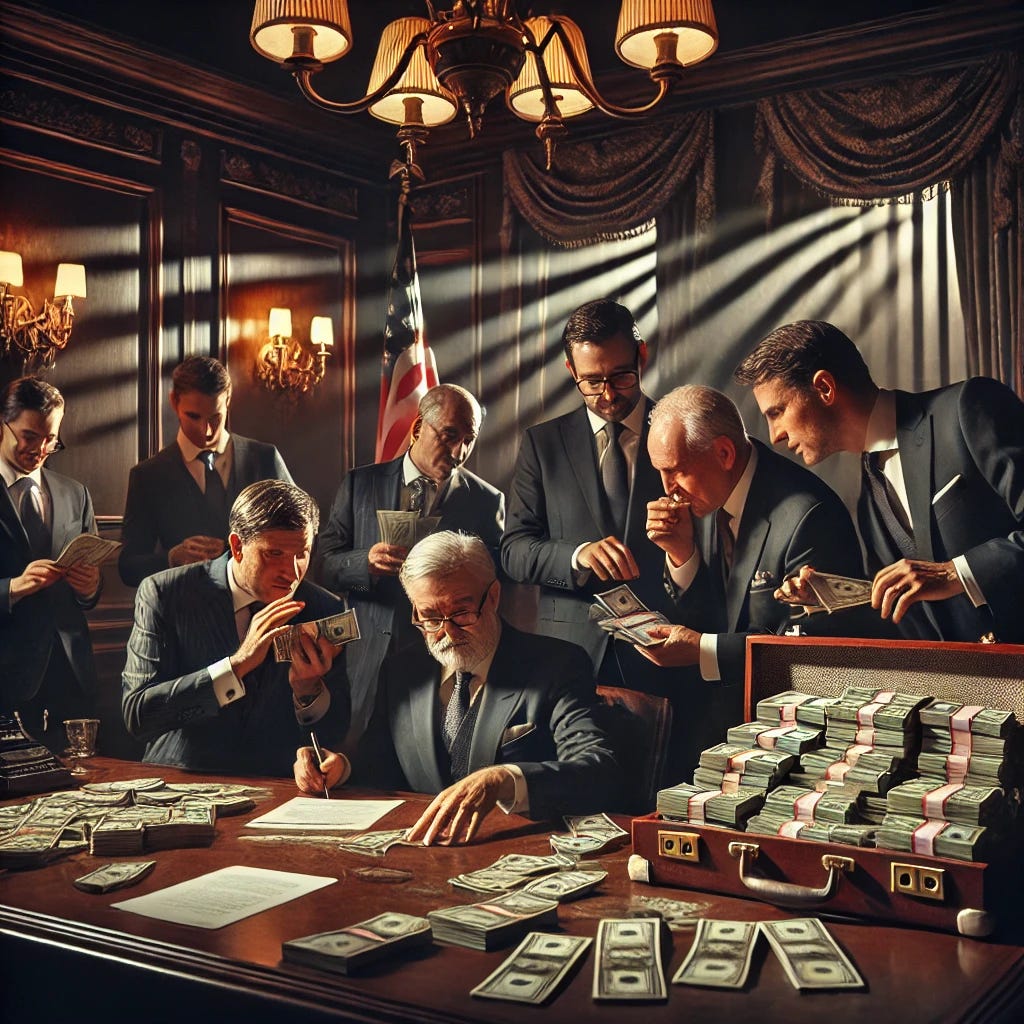 A group of corrupt government officials in a shadowy, luxurious room with dark wood paneling and expensive decor. They are seated around a large desk, some counting stacks of cash, while others are signing questionable documents. One official is whispering to another, and a third is making a sneaky handoff of a briefcase filled with money. Their faces show greed and smugness. A faint national flag is visible in the background, and the room is dimly lit, casting long shadows that enhance the illicit mood.