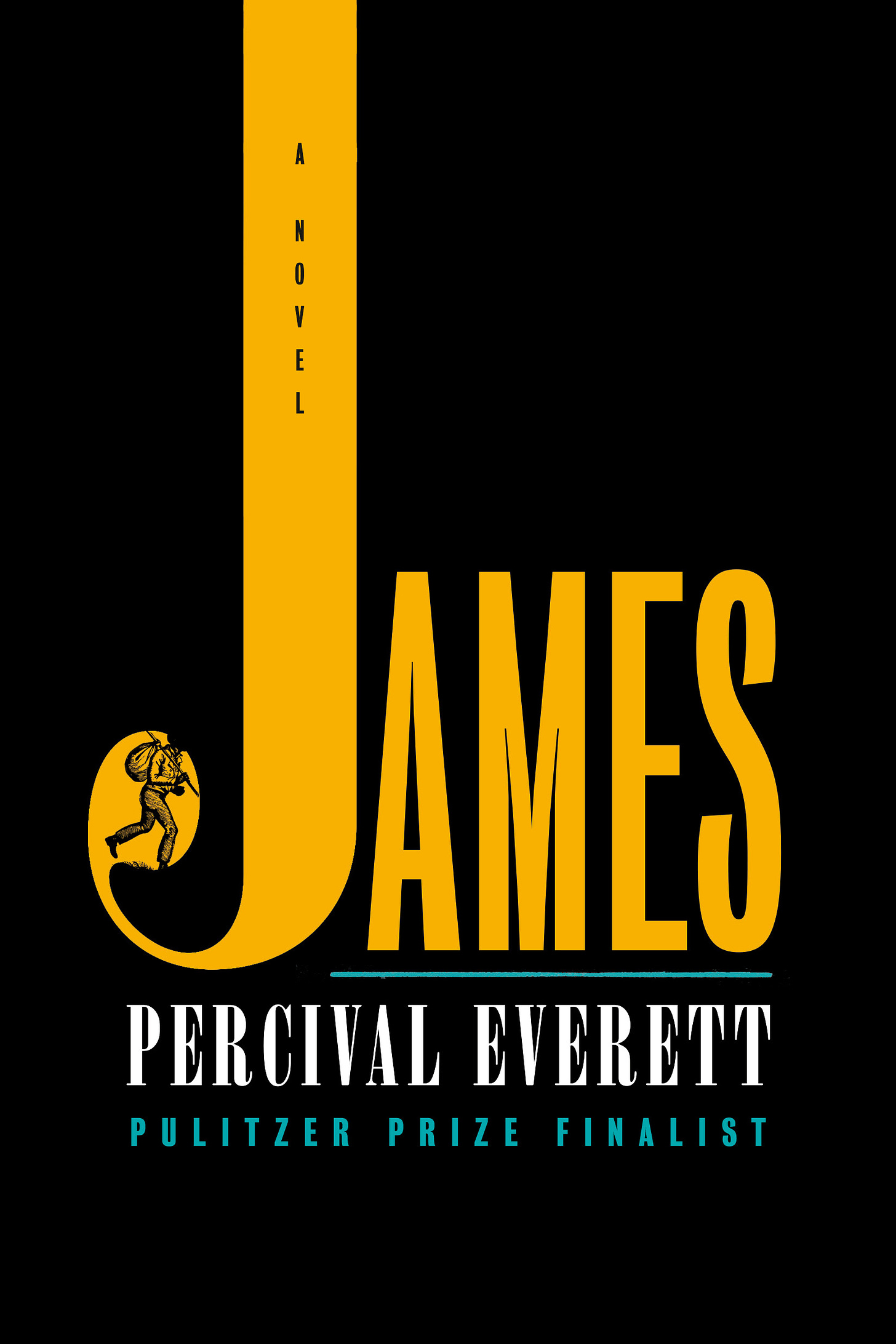 The cover of Percival Everett's new novel James, which is black with the word "James" written in an orange-y yellow color