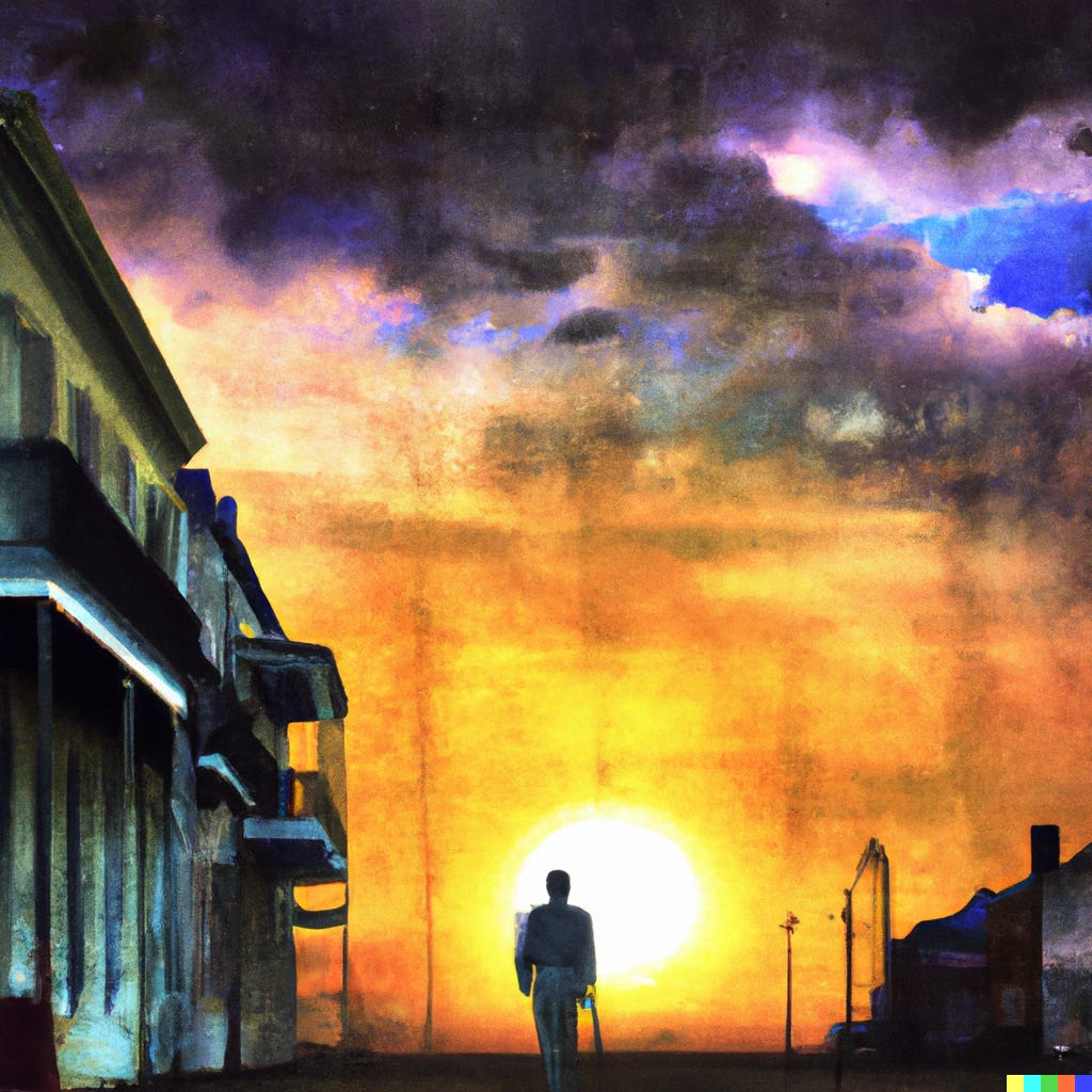 A DALL-E generated image of a man walking into a sunset.