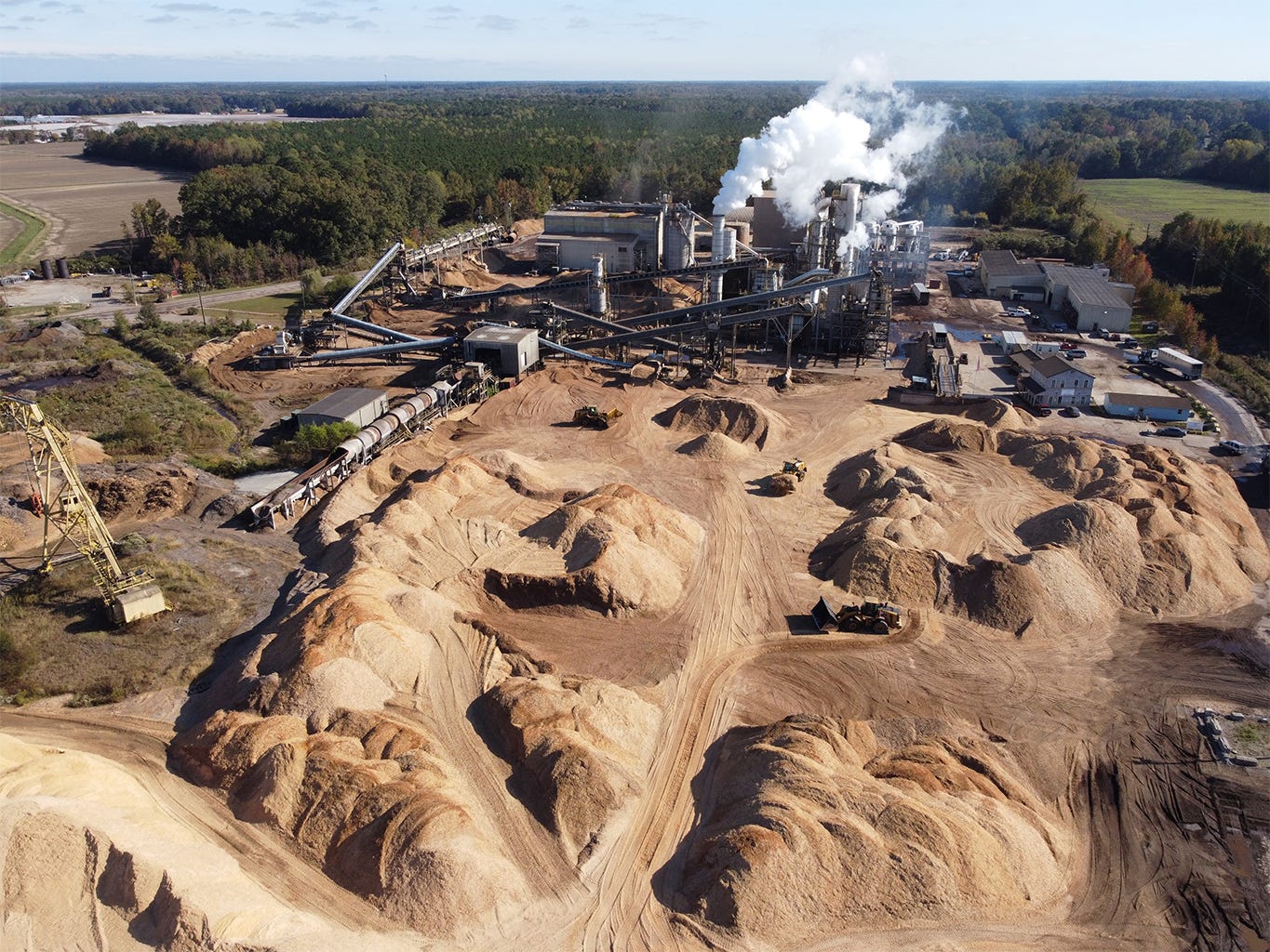 This aerial view of Enviva's wood pellet production mill in Ahoskie, North Carolina