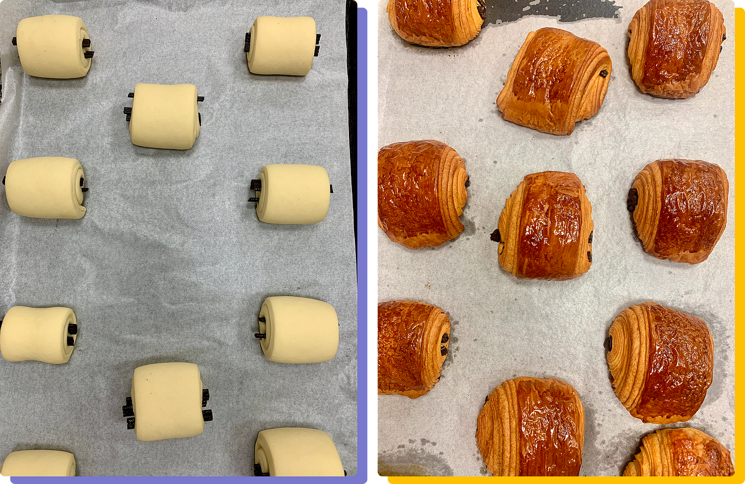 Photos of pain au chocolat before and after baking