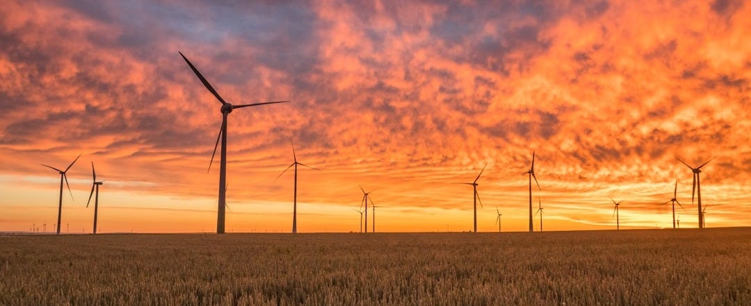 landscape photography of grass field with windmills under orange sunset