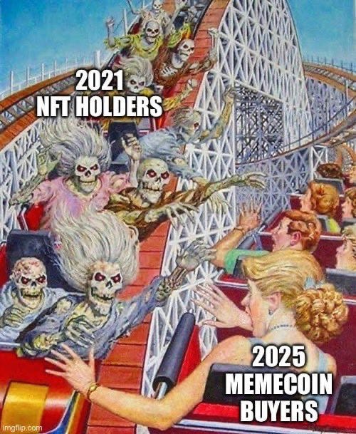 memecoin buyers and nft buyers intersecting in a roller coaster