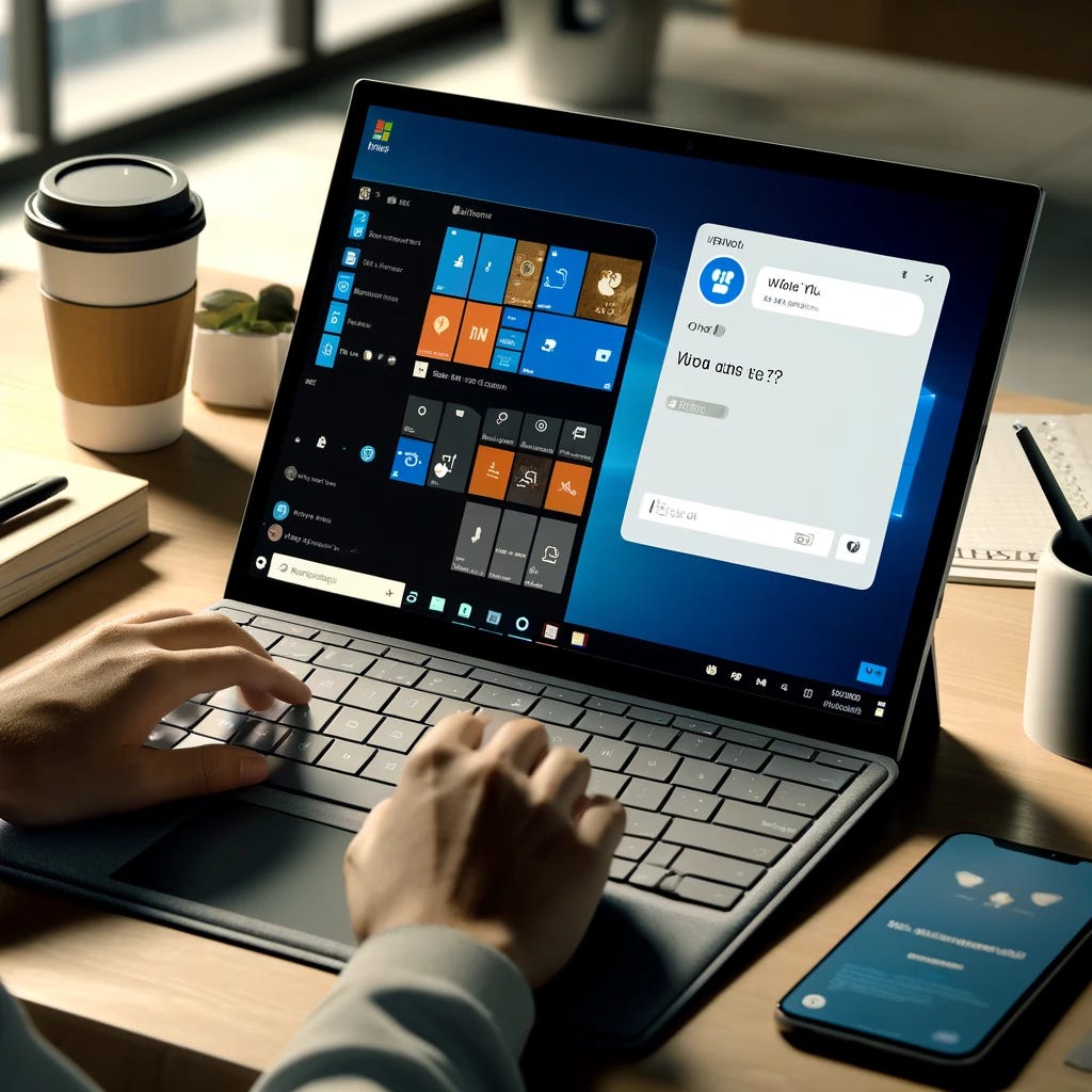 A person using a Microsoft Surface laptop in a modern, well-lit office environment. The laptop screen shows a regular Windows desktop interface with icons and a taskbar. On the right side of the screen, there is a chat window open, showing an AI assistant interface with a conversation. The background includes elements like a coffee cup, notepad, and smartphone to suggest productivity.