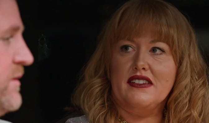 Katie Johnson reacts to Tim Gromie's comments at the MAFS dinner party in Episode 6. 