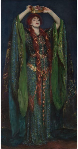 Ellen Terry as Lady Macbeth (1889). In a deep green and blue gown and very long plaited dark red hair, Lady Macbeth dramatically holds a diadem above her head, ready for vengeful crowing. She has fabulously long and deep pointy sleeves, whilst her dress glitters with beetle wings used like sequins.