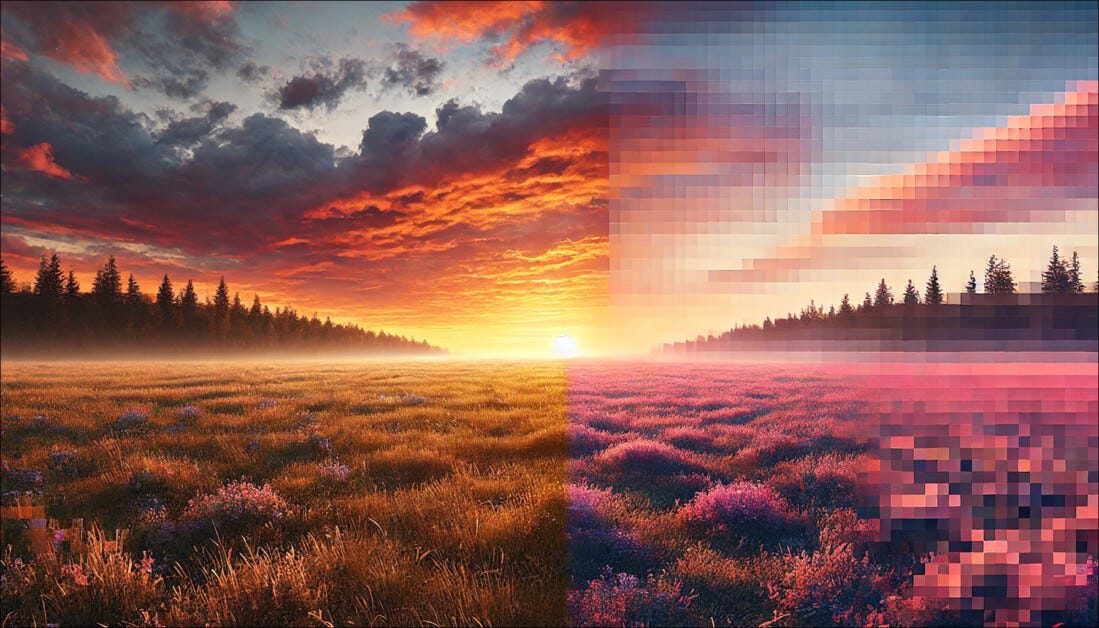 An AI-generated image, using ChatGPTY-4o, with the prompt ' Please create a panoramic photorealistic image of a landscape sunset where the right half of the image gradually becomes full of ugly JPEG artifacts'