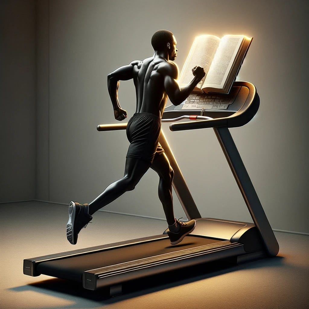 A symbolic image of a Black man running on a treadmill, with a book placed behind the treadmill, seemingly out of reach. He is dressed in athletic gear, showing an expression of focused determination, as he strives towards the book. The treadmill is set in a spacious, well-lit room, resembling a home gym or a public fitness center. The book, perhaps glowing or highlighted, symbolizes a distant goal or aspiration. His posture and expression convey perseverance and the ongoing effort to attain knowledge or achieve a personal objective. The background is minimalistic, emphasizing the central theme of the man's relentless pursuit and the unreachable book placed behind the treadmill.