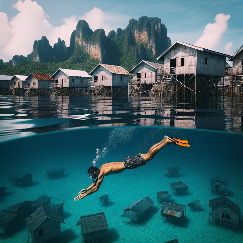 Photo of a Southeast Asian seascape with mobile stilted houses rising above the waters. In the foreground, a member of the Sama-Bajau ethnic group is seen free diving deep into the clear blue waters without any SCUBA equipment, showcasing their impressive underwater skills.