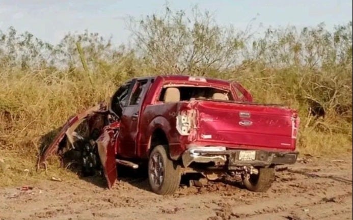 Two people were killed and one injured when this truck hit an IED in Tamaulipas, Mexico, Friday, Jan. 31, 2025.