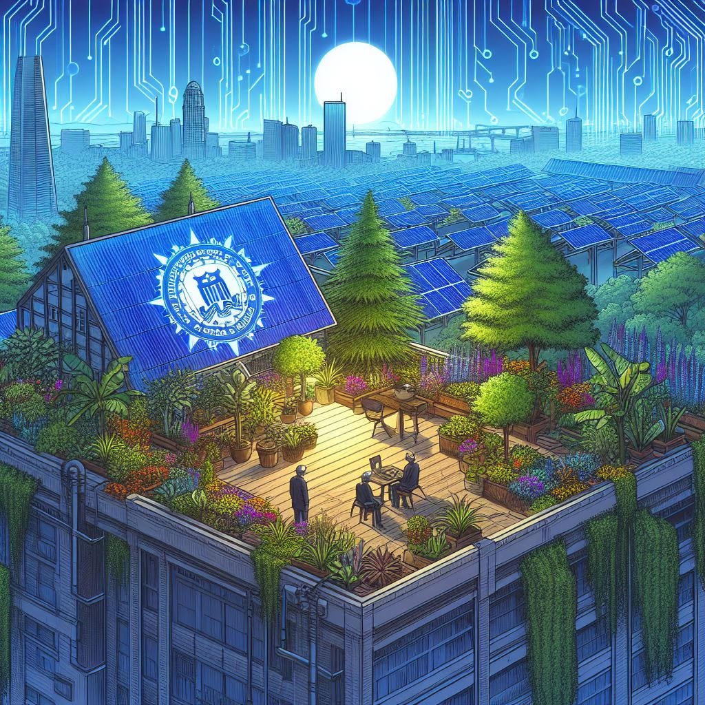 fbi cyber hackers on a rooftop garden on in a complex inside a forest, solarpunk drawing