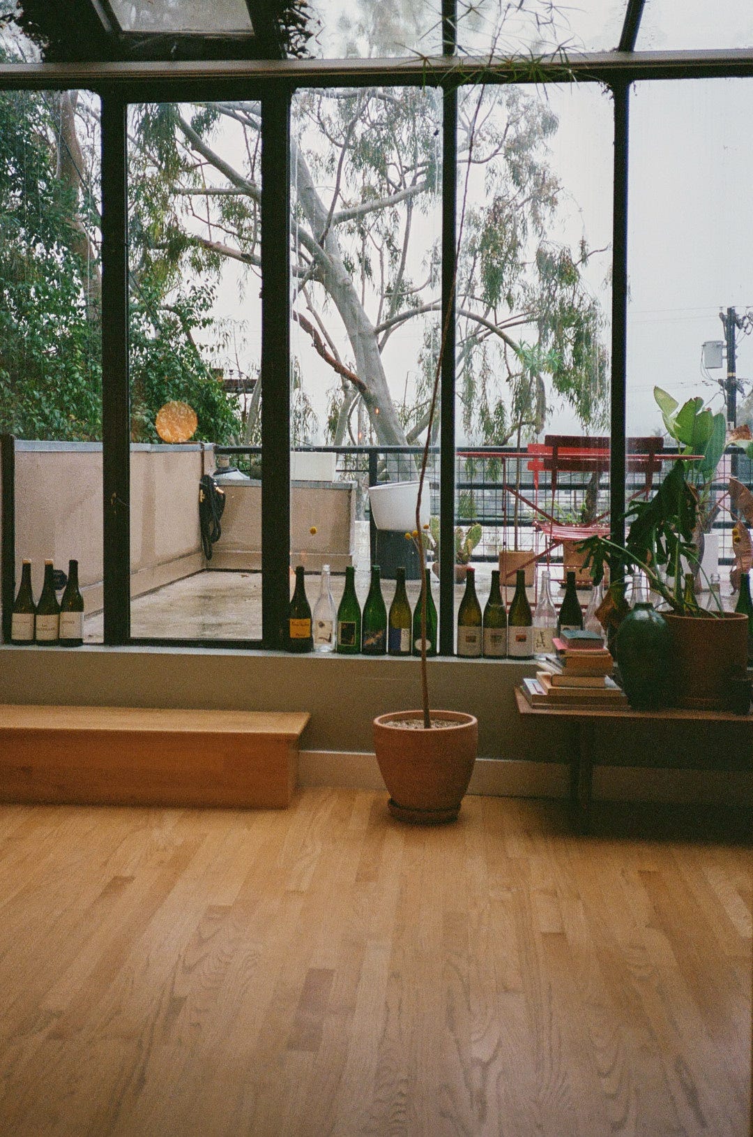 Empty wine bottles on the windowsill