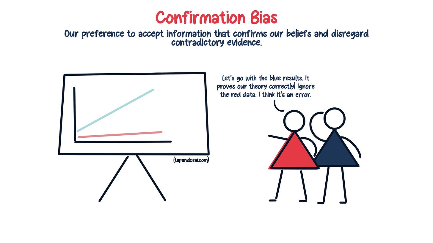 An image showing a person selecting supporting evidence that confirms their theory while contradicting evidence remains in the dark, illustrating Confirmation Bias in statistical interpretation made by Tapan Desai.