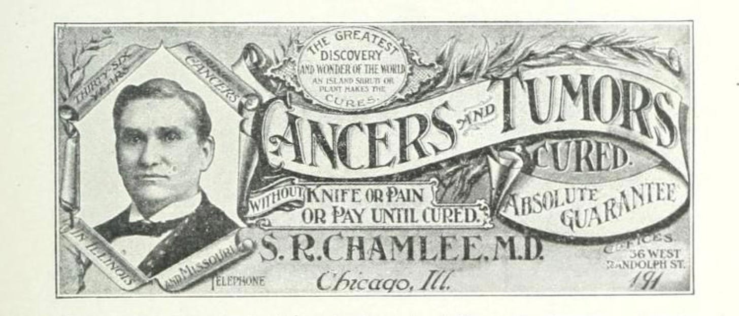An ornate early 20thC letterhead, with the words 'Cancers and Tumors Cured without knife or pain or pay until cured.' On the left of the image there is a portrait of a man wearing evening dress.