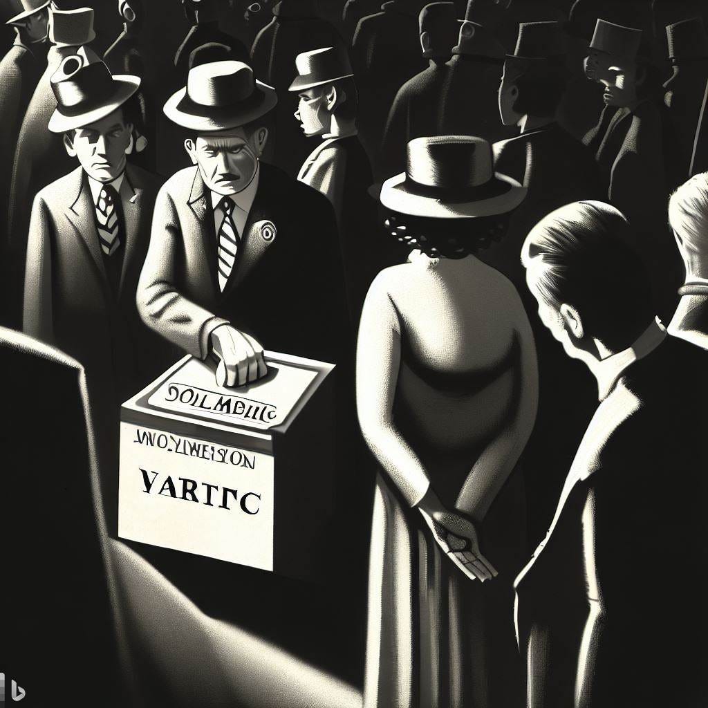 election voters, cartoon, 1930s, art deco, noir