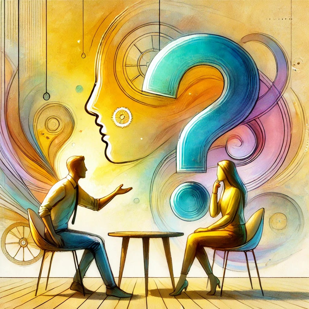 A fresh, artistic watercolor-style illustration of two people communicating, viewed from a creative, slightly dynamic angle, as if the observer is part of the interaction. One person is explaining with an open and inviting gesture, arms extended, palms up, while the other appears puzzled, a large translucent question mark subtly hovering over their head. The setting uses a vibrant yet soft interplay of pastel colors, dominated by warm yellows with complementary blues and hints of green, creating a visually engaging and thought-provoking scene. The atmosphere suggests understanding and introspection, with abstract swirls and shapes that add an imaginative, almost surreal quality to the interaction.