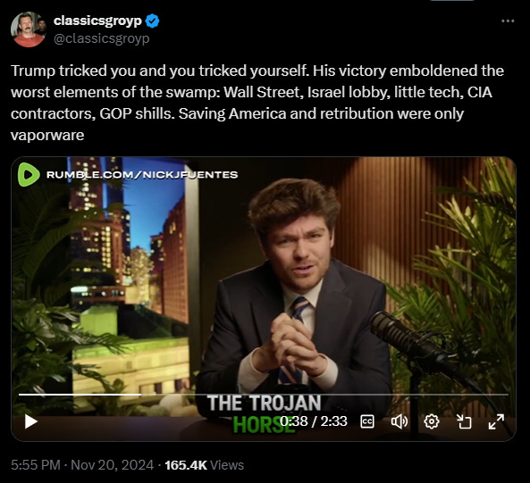 Nick Fuentes and the Groypers call Trump a Zionist Trojan Horse_screenshot of Tweet on X