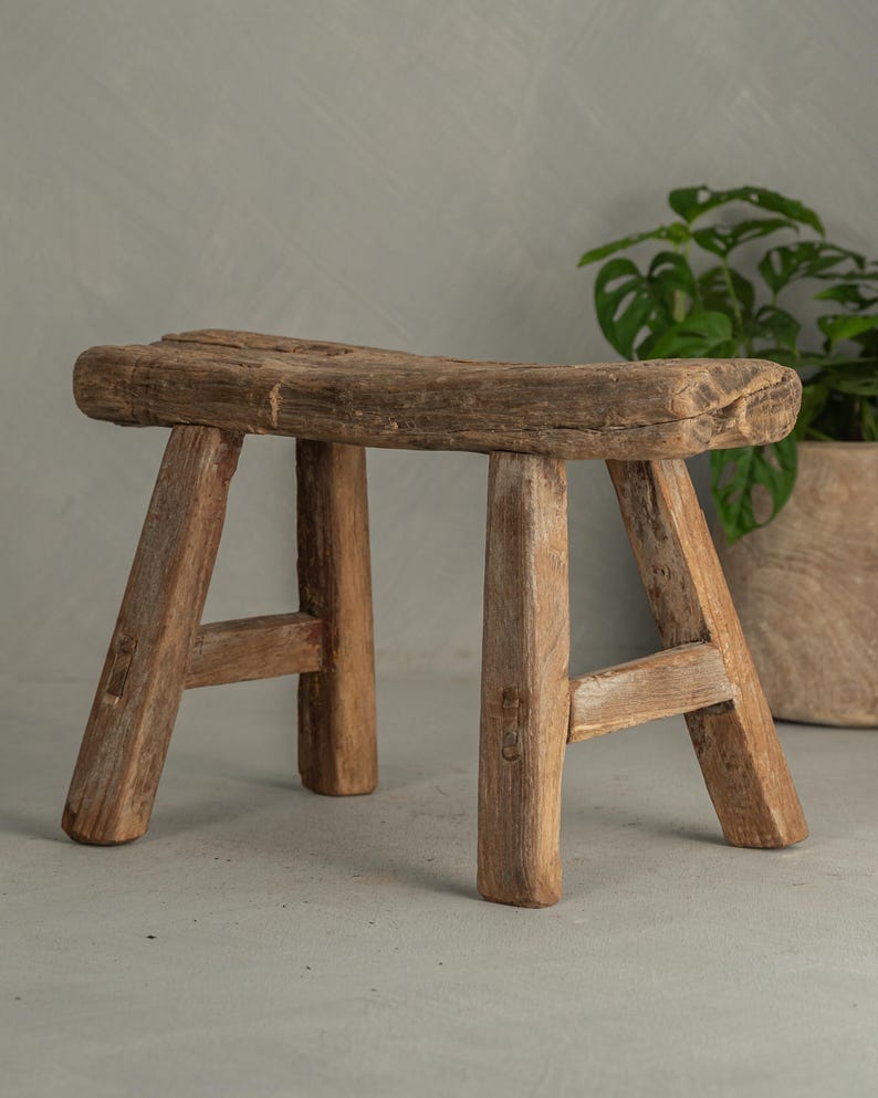 Vintage Elm Small Rustic Stool T2 Free Shipping image 1