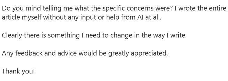 An email trying to clear up concerns that an article was written by AI.