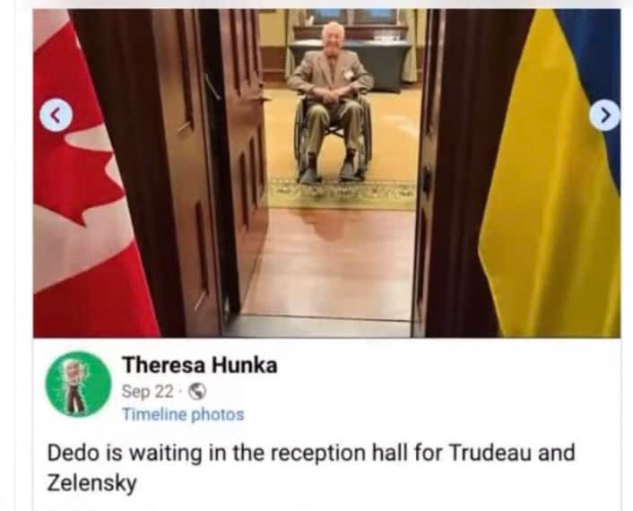 May be an image of 1 person and text that says '< Theresa Hunka Sep 22 Timeline photos Dedo is waiting in the reception hall for Trudeau and Zelensky'