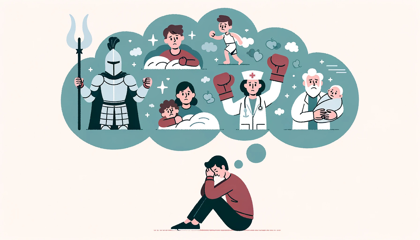 Vector depiction of a person lost in thought, with a large thought bubble overhead. Within this bubble, there are diverse characters: a knight in shining armor, a young child with a comfort blanket, a boxer preparing to strike etc