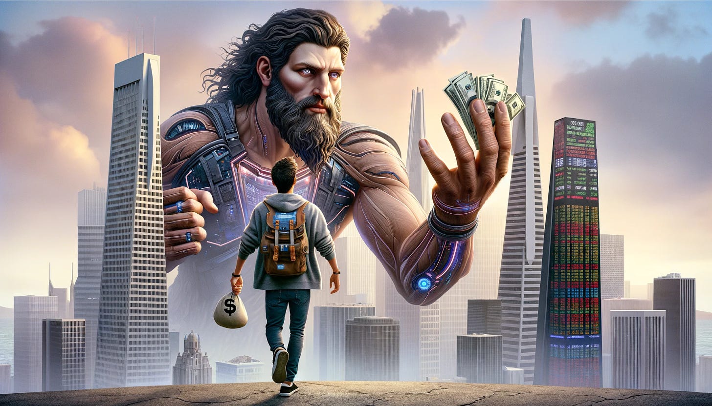 A towering, hyperrealistic figure of Goliath stands amidst a skyline, composed of skyscrapers with digital screens displaying stock market trends. His face is stoic, with a long, prominent beard, giving him a god-like appearance. He extends a large hand forward, offering a bag of cash. Opposite Goliath is David, a young entrepreneur with a determined expression. He's dressed casually but with a futuristic twist, sporting a backpack with high-tech gadgets attached, representing an AI startup. David also holds a bag of cash, ready to make the exchange. The background features a dynamic and modern cityscape, suggestive of San Francisco, in a landscape orientation.