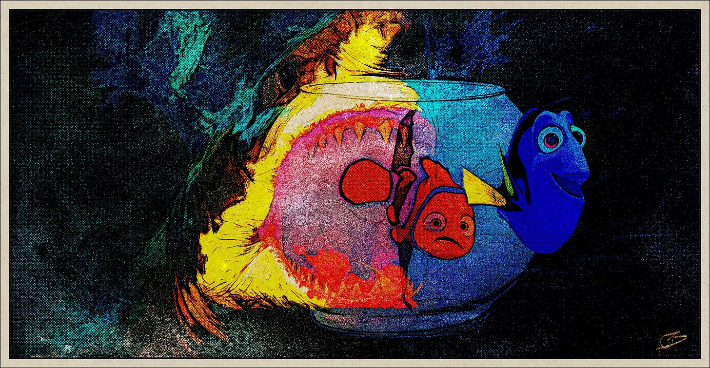 Nemo and Gil escape through crack in fish bowl