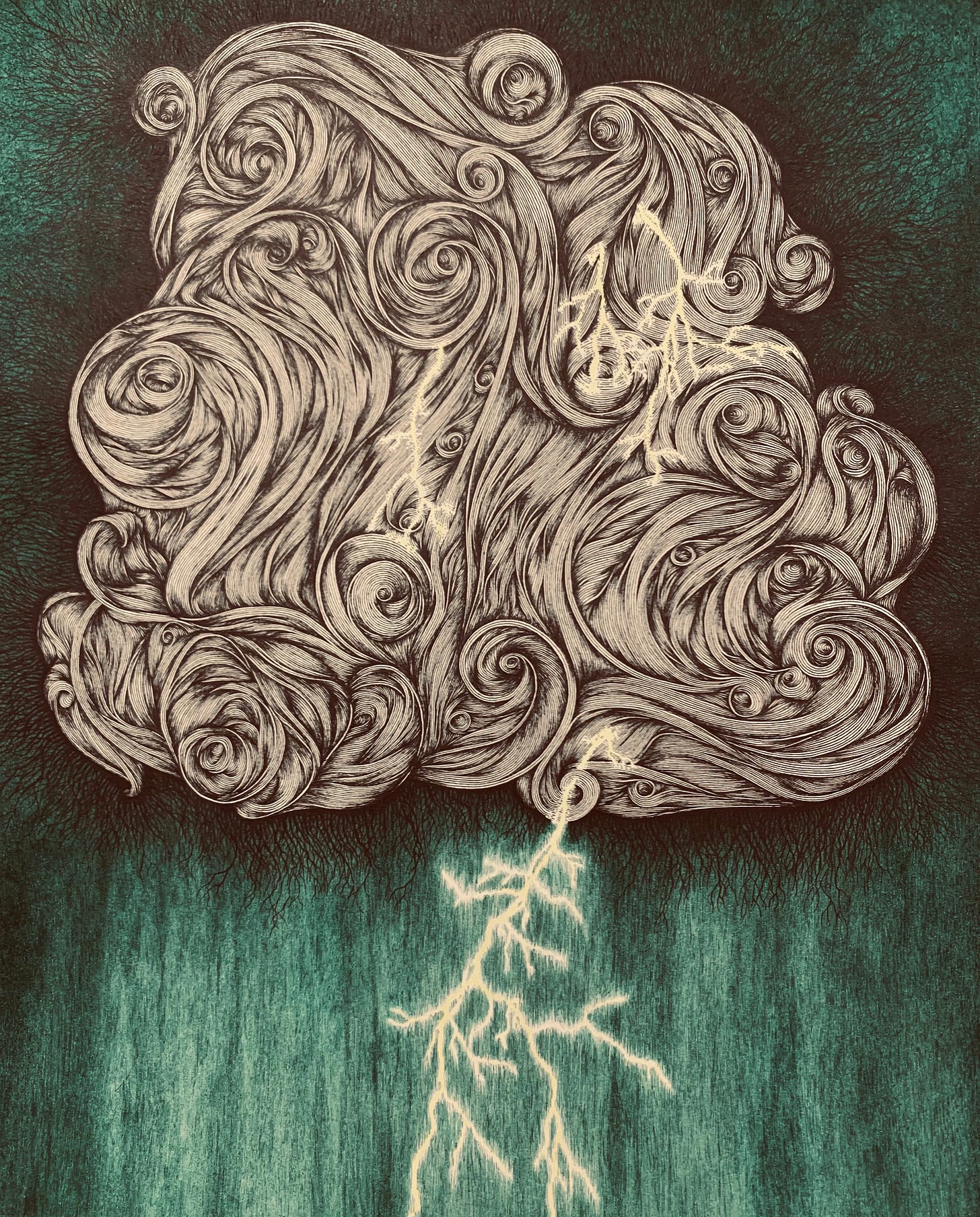 Ink drawing of a thundercloud with stylized curls that make up the cloud and a dark green background.