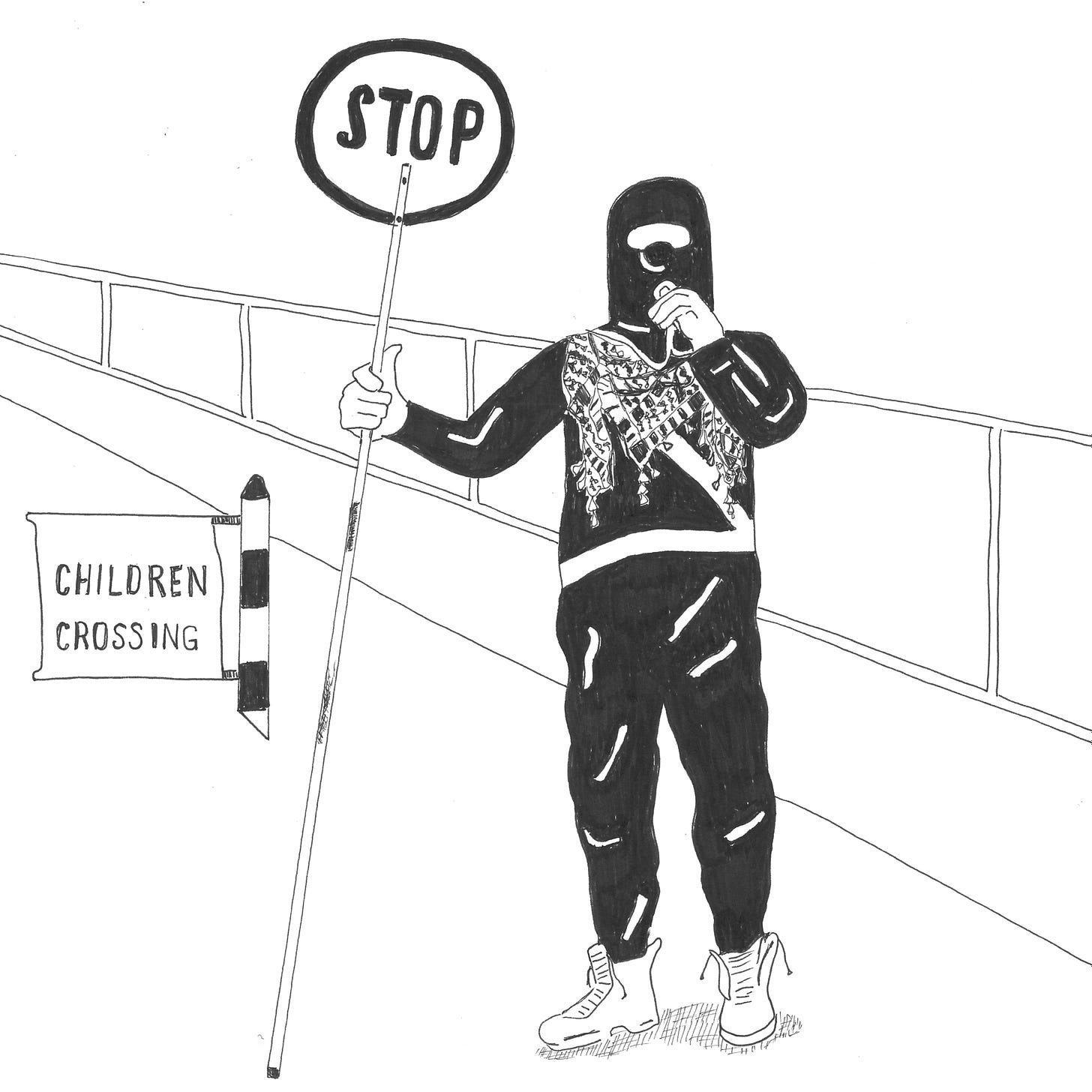 A black and white drawing of a crossing supervisor holding a stop sign. The supervisor is blowing a whistle. They wear a keffiyeh. In the background is fencing and a sign that reads, 'children crossing'