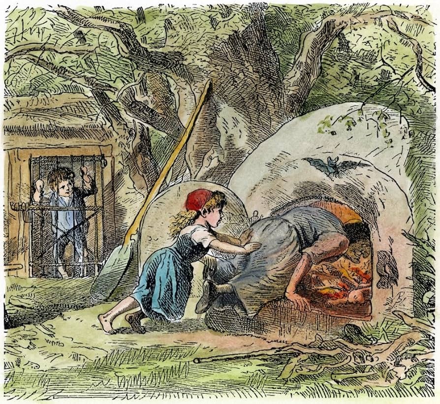 Grimm Hansel And Gretel Ngretel Pushing The Witch Into The Oven To Free Her  Brother Hansel From His Cage Engraving From A 19Th Century Edition Of ...