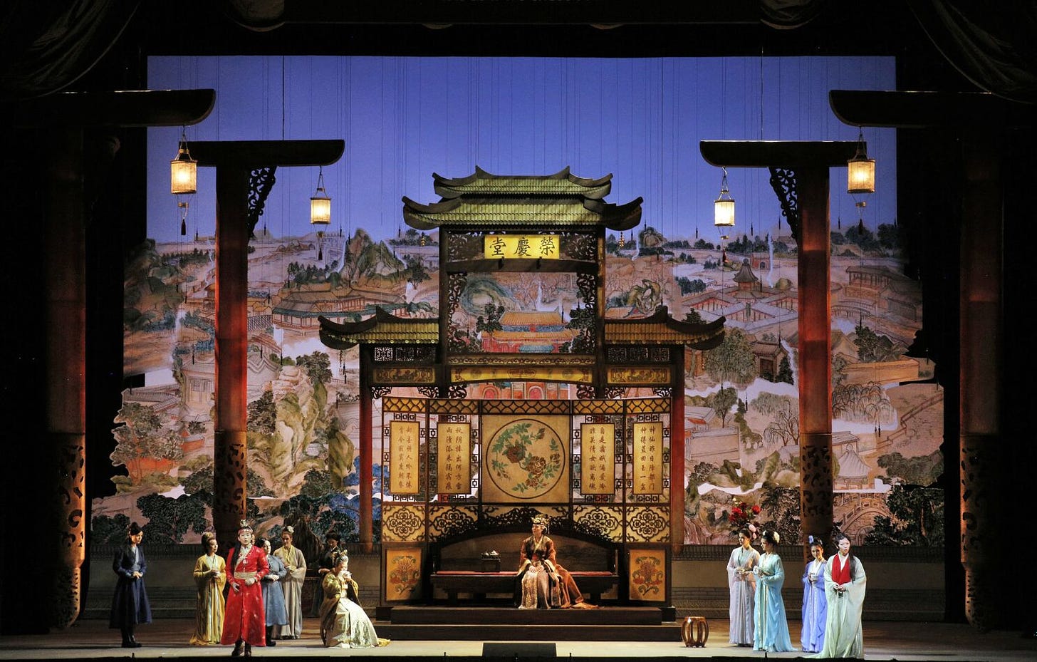 An ensemble scene from Bright Sheng's Dream of the Red Chamber at San Francisco Opera, featuring Tim Yip's spectacular set