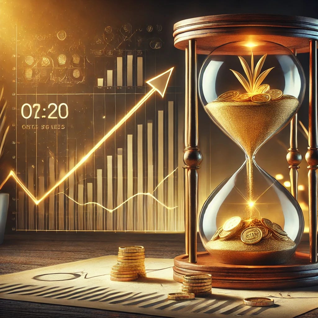 A realistic and visually engaging image featuring an hourglass symbolizing the passage of time and the concept of investment. The hourglass is filled with golden coins flowing from the upper chamber to the lower one, alongside subtle elements like financial graphs and upward arrows integrated into the background. The setting is elegant and professional, with warm lighting that highlights the theme of patience, growth, and financial success over time.