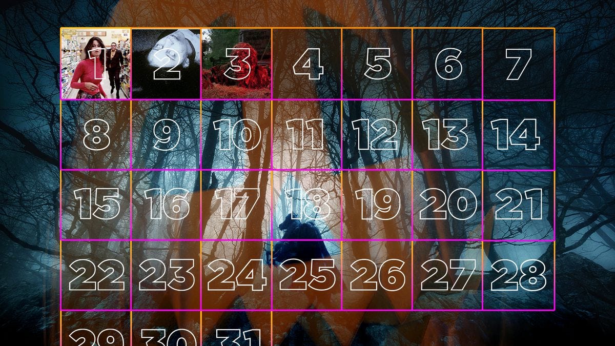 A grid calendar with 31 days on it, with a jack o’ lantern and spooky hollow in the background. The first three images are filled with photos from this post.