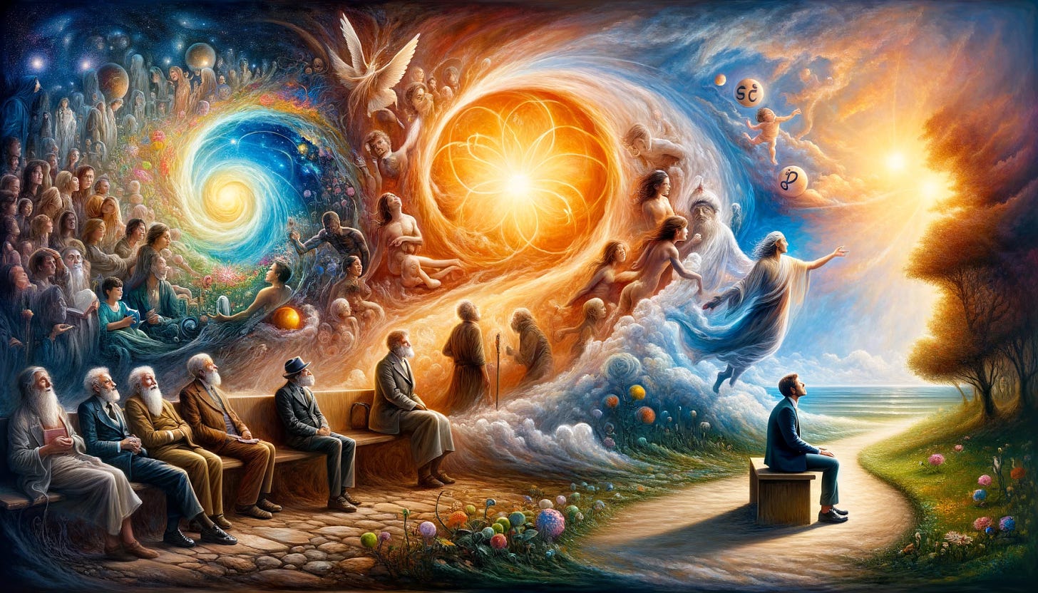 Imagine a scene stretching across a panoramic canvas, depicting the journey of a man's life from youth to old age, intertwined with his ongoing dialogue with the divine. The left side starts with the vibrant energy of youth, where a young boy, full of dreams and innocence, looks up towards the sky with a mix of curiosity and awe. As the canvas flows towards the center, the man is in his prime, engaged in a deeper, more thoughtful conversation with a celestial presence, symbolized by a warm, guiding light above. This light represents God, a constant throughout the man's life, guiding and listening. The right side of the canvas shows the man in his old age, serene and wise, sitting on a bench in a peaceful garden, reflecting on his life's journey. He's surrounded by the symbols of his life's achievements and memories, looking up with gratitude towards the divine presence that has been with him every step of the way. The entire scene is a blend of realism and ethereal elements, capturing the evolution of the man's relationship with God through the stages of his life.