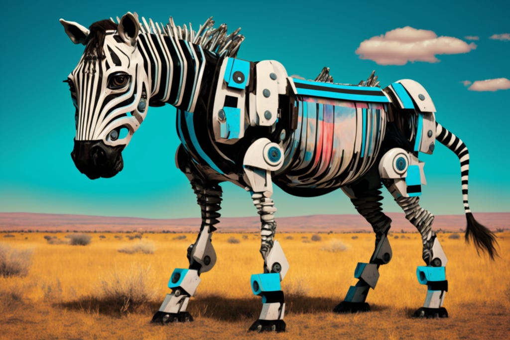 Ai image of a colourful robot zebra