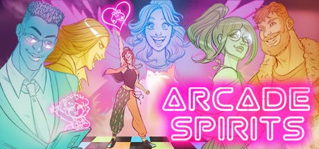 Arcade Spirits visual novel cover showing several spirits in neon glowing colors