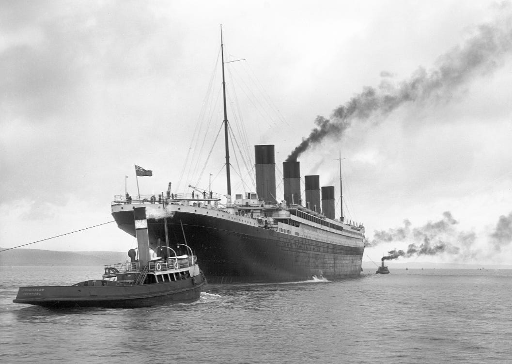 The American Ship Has Hit the Iceberg . . . So What Now? Photograph of the RMS Titanic.