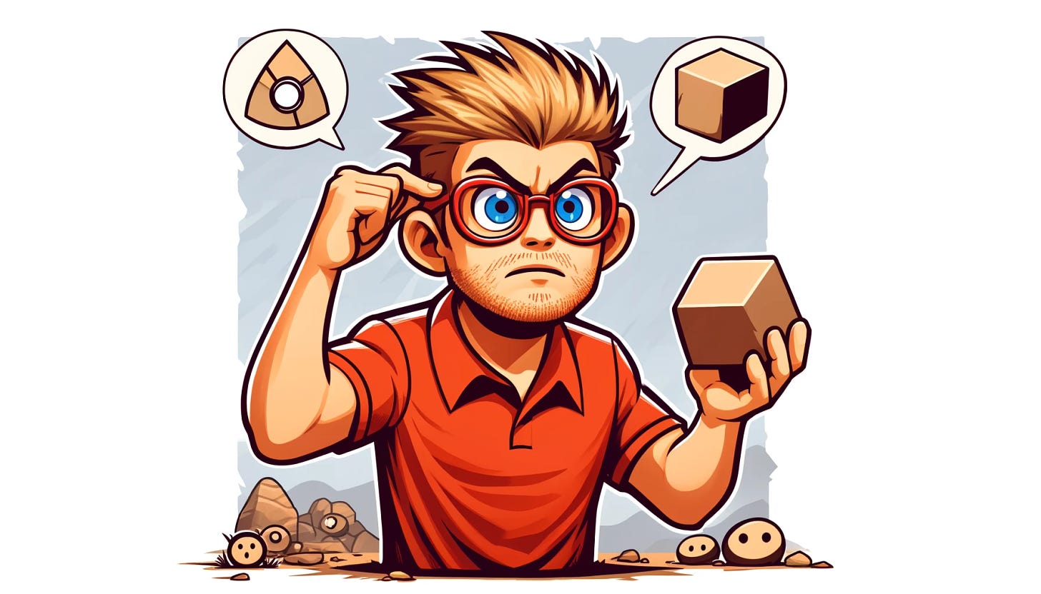 Create a dynamic and exaggerated cartoon art in a simple style, 3:2 ratio. The image features a male programmer engineer with styled short blonde hair and red-framed glasses, wearing a plain red polo t-shirt without any logo. He is depicted as a caveman trying to sort shapes, looking confused and frustrated. He is holding round and square shapes, trying to place them into correctly labeled containers. The background shows a simple cave setting with rocks and rudimentary items scattered around.