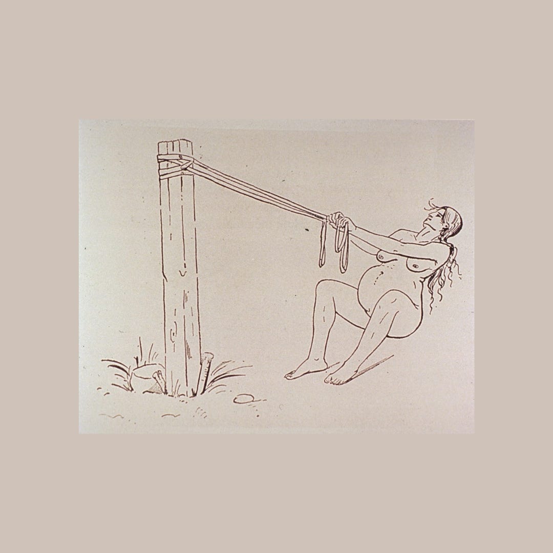 drawing of a permanent post that a mother is using for labor support