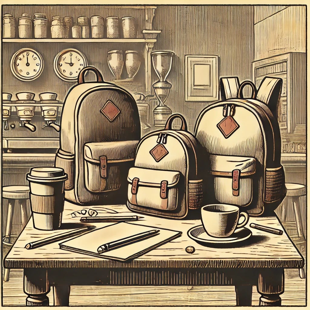 A simplified illustration in the style of a 1950s inked drawing, depicting three backpacks of different sizes, a coffee cup, and scattered papers arranged in a Renaissance still life composition. The items are placed on a wooden table with the background showing a café bar area, including details like coffee machines, cups, and shelves. The illustration uses vintage ink lines in a minimalist, stylized representation typical of mid-century artwork. The color palette is muted, with soft shading, evoking a nostalgic 1950s aesthetic, while the café bar adds depth to the scene.