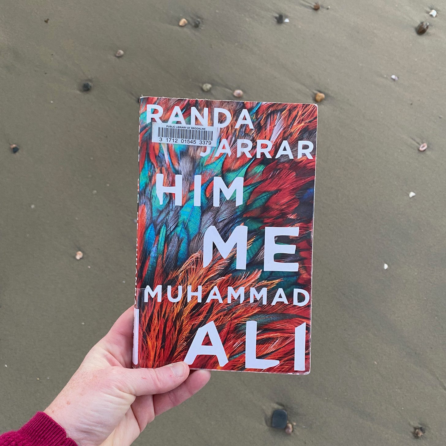 I’m holding Him, Me, Muhammad Ali above a sandy beach scattered with small stones and shells.