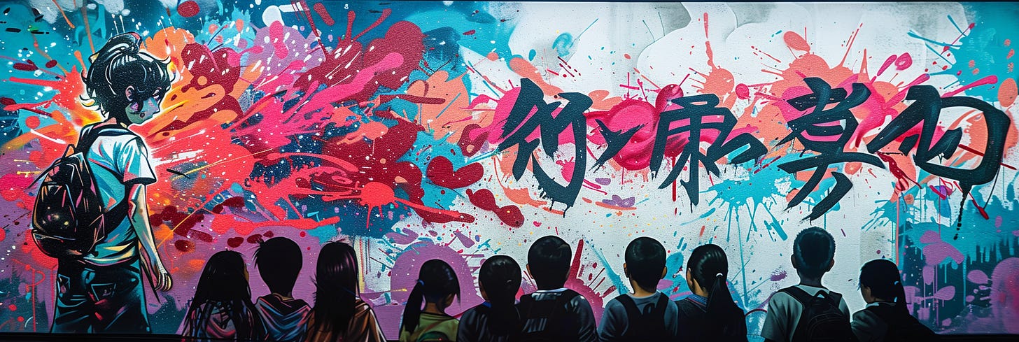 A group of people watches a vibrant, colorful mural featuring splashes of reds, blues, and purples. An animated character wearing a backpack faces away from the viewer, gazing at graffiti-like art that includes abstract shapes and bold black letters.