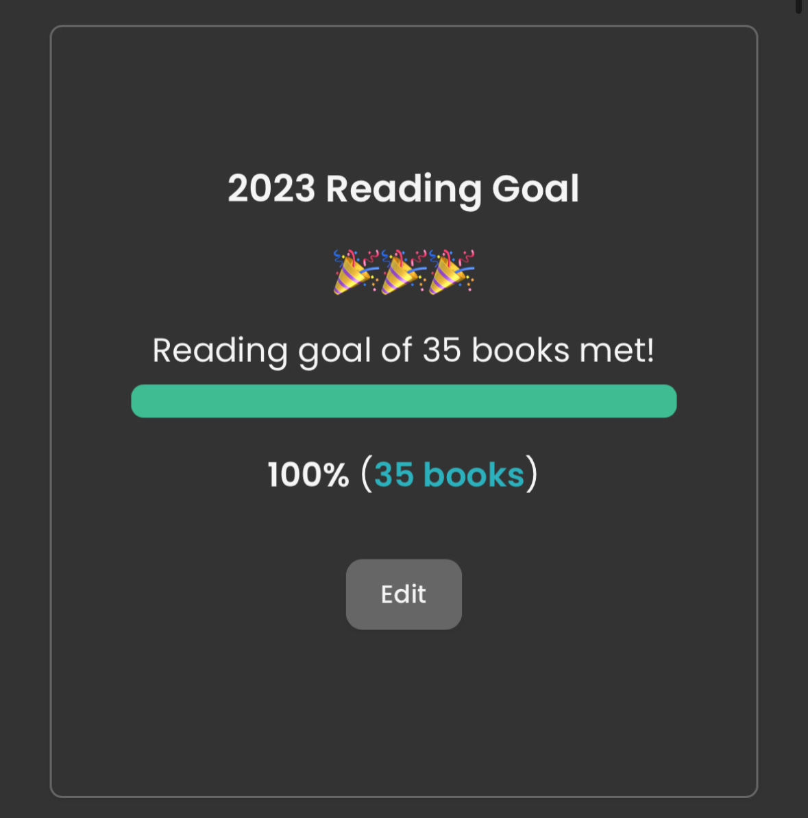 A screenshot from The StoryGraph app that depicts Shohreh meeting her 2023 Reading Goal of 35 books