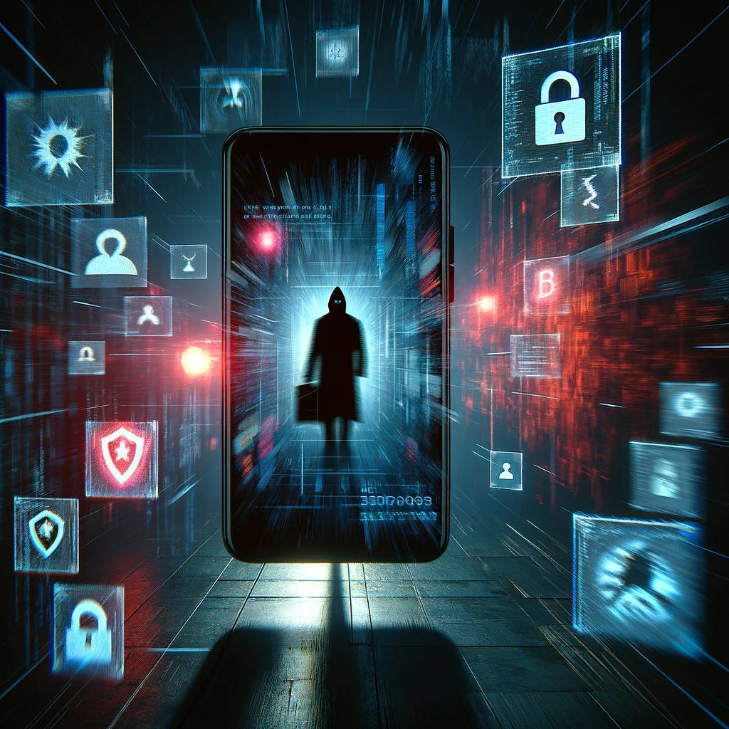 Create a visual representation of the concept of spyware on a smartphone without any text or letters. The image should feature a smartphone surrounded by ominous digital effects, such as glitchy graphics or abstract representations of surveillance, without depicting any recognizable letters or words. In the background, instead of a shadowy figure, use vague silhouettes or shapes to imply the presence of a spy or hacker. The atmosphere should be dark and foreboding, emphasizing the intrusive and malicious nature of spyware through visual elements alone, using a modern digital art style.