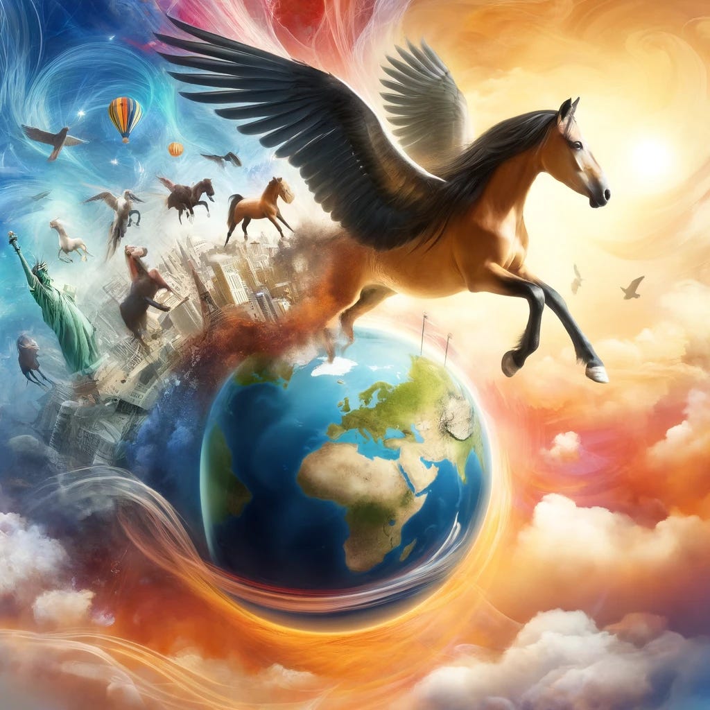 Image of a winged horse, jumping over a globe, into sunset lit clouds. In the background there are more horses, a statue of liberty, and a city. Created with DALL·E 3