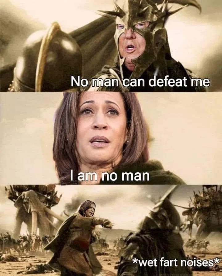 Trump as LOTR villan, saying "No man can defeat me" Kamala saying "I am no man"