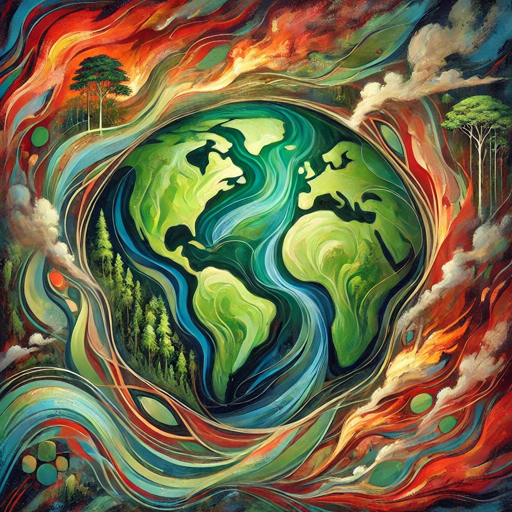 An abstract painting inspired by the Amazon rainforest and the battle against deforestation and fires. In the center, a large, vibrant green form symbolizes the Amazon, surrounded by darker, intense shades of red and orange to represent fire and environmental threats. Interwoven smaller shapes in lighter greens and blues reflect ongoing preservation efforts and resilience. Thin, dynamic lines run through the image, evoking the urgency and struggle for restoration amidst climate challenges. The composition is flat and expressive, capturing both the crisis and the hope for recovery. Square format, 1024x1024 pixels.