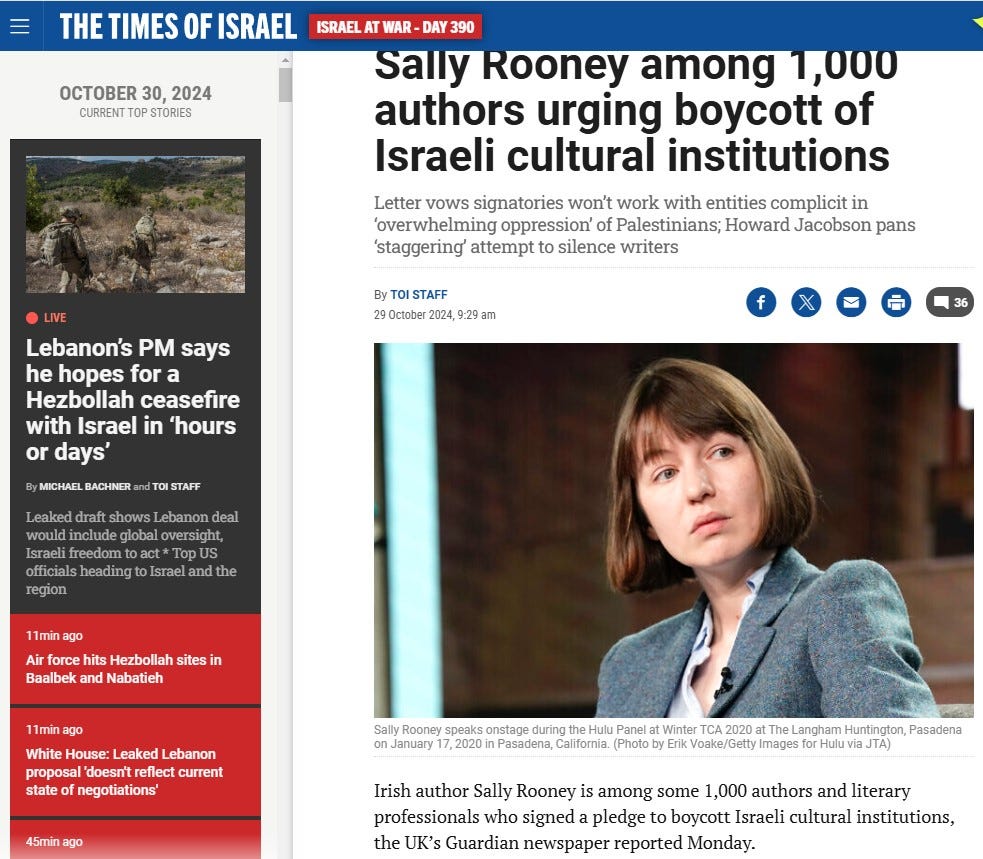 Times of Israel page with headline "Sally Rooney among 1,000 authors urging boycott of Israeli cultural institutions."